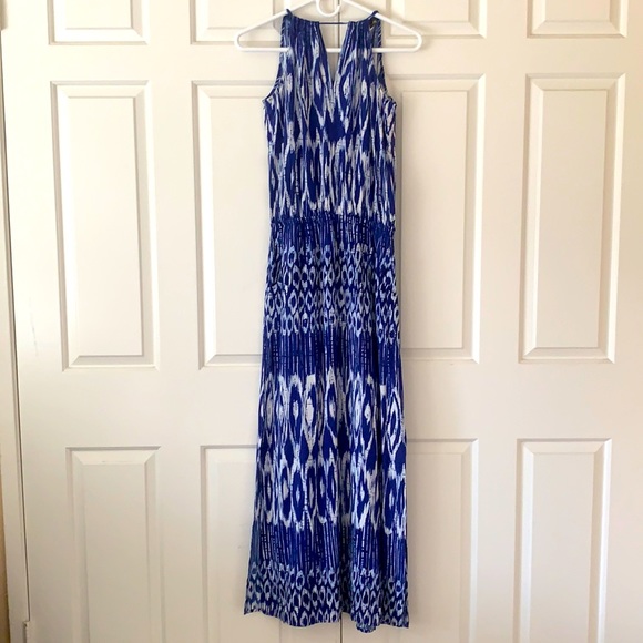 Gorgeous Blue Ikat Maxi dress w/ tassle ties/slits - Picture 1 of 4